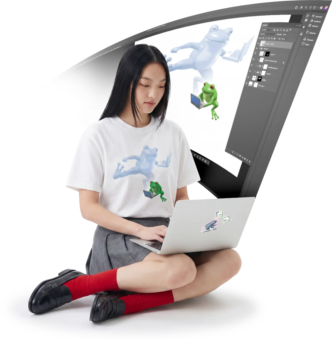 Seller designing a t-shirt in Photoshop while wearing it